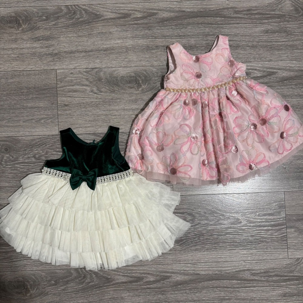 American Princess Baby Girl Holiday Dress Set of 2  Green Velvet Pink Floral 12M
